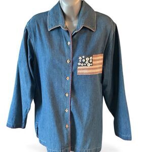 Casey Coleman Vintage 90s Denim Shirt Jacket M Americana Flag Patch